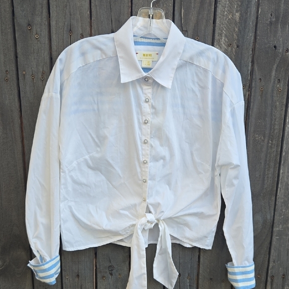Anthropologie White and Blue Button-Down Tie Front Shirt - Picture 4 of 7